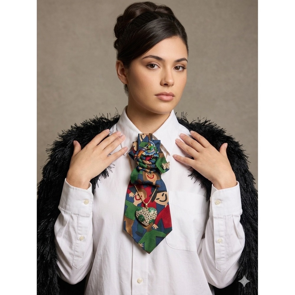 Vintage Silk Necktie Statement Necklace Rhinestone Heart Hummingbird Brooch Art